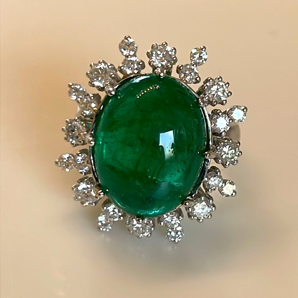12 Carat Cabochon Emerald and Diamond Cocktail Ring 18K White Gold
